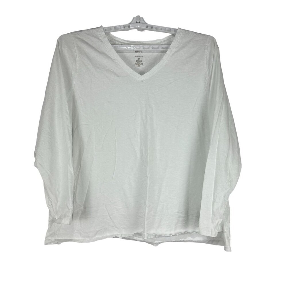 Sonoma Womens Plus 2X White Everyday Tee Long Sleeve V Neck